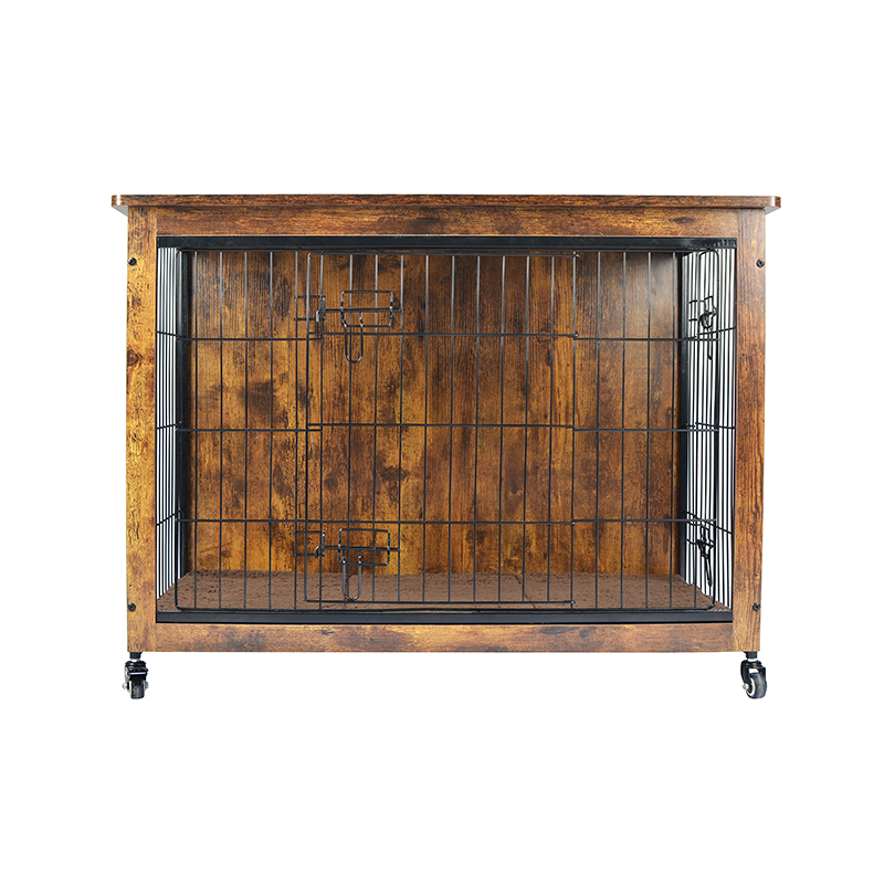 Cage de chiens de style meuble en bois intérieur avec coussin et roues