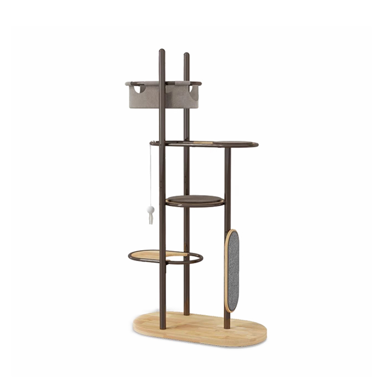 Sol au plafond grand condo de tour de chat en bois en caoutchouc intérieur avec panier de couchage