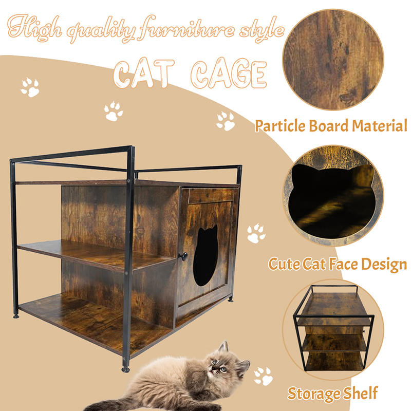 Cage de chats de style meuble avec armoire de litière de l'étagère de rangement Cage de chats de style meuble avec armoire de litière de l'étagère de rangement